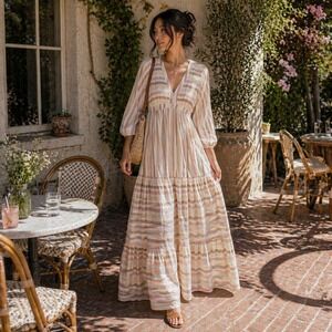 Self Contrast Anthropologie Womens XS Striped Lurex V-Neck Maxi Dress Beige Tan